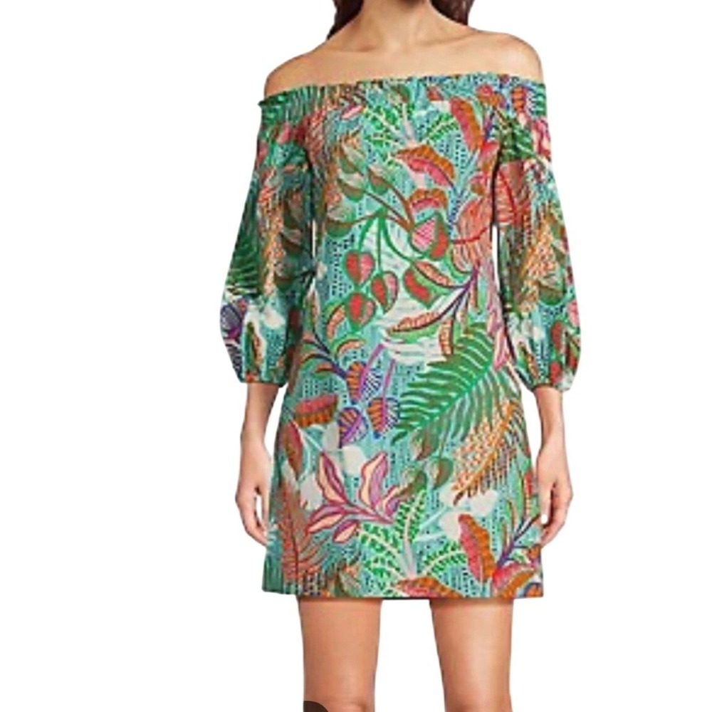 Vince Camuto Tropical Botanical Off Shoulder Mini Dress Teal Multi Size 0 NWT